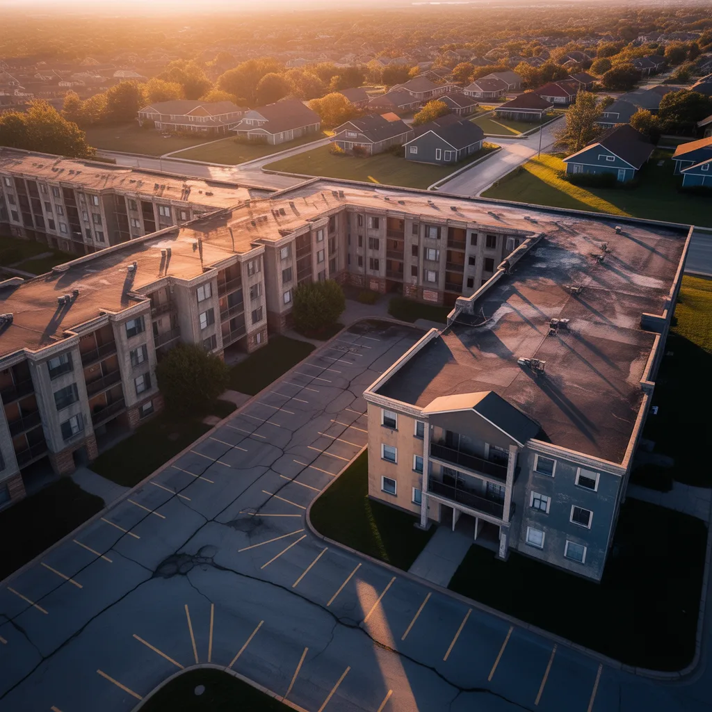 Aging condo complex surrounded by newer single-family homes at sunset