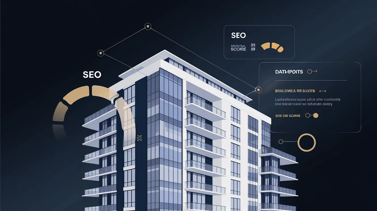 Modern condo building with digital analysis overlay and SEO score gauges floating around it