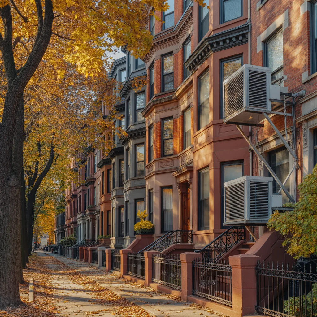 Boston brownstone condos with autumn foliage and visible HVAC units