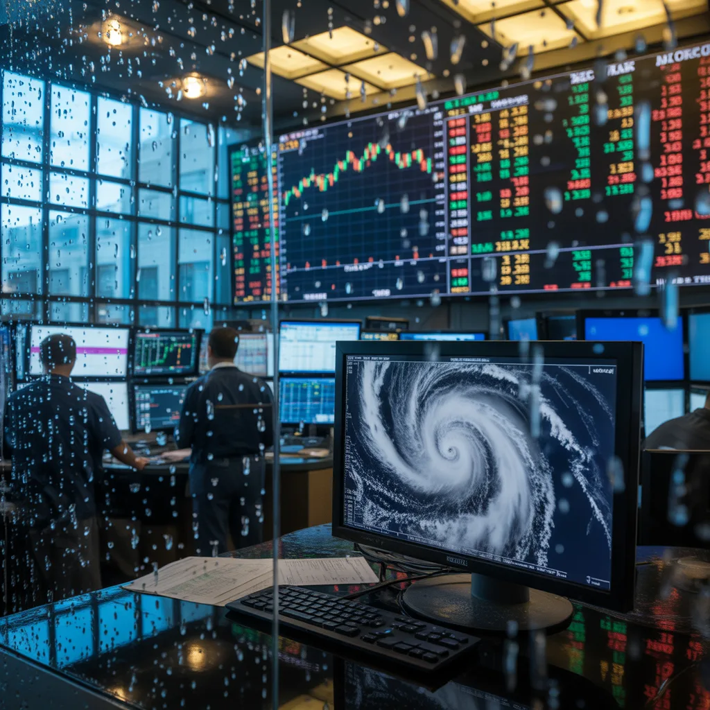Trading screens with financial data and hurricane imagery reflected in glass