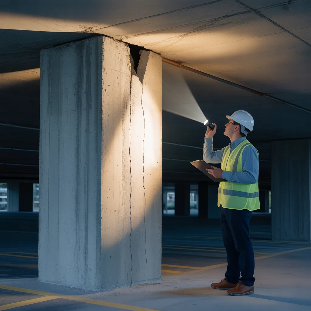 Building inspector examining concrete column in condo parking garage