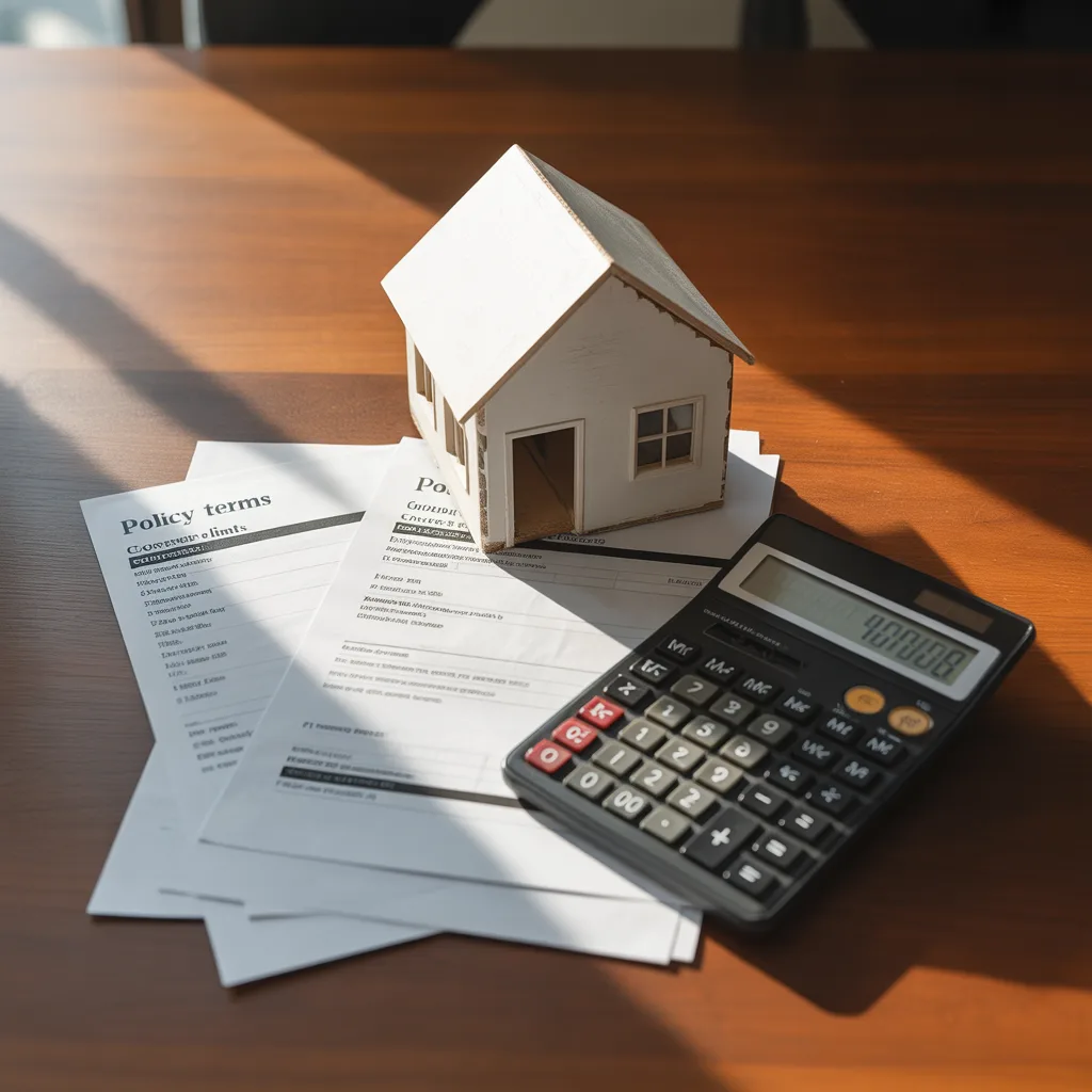 Insurance documents and calculator with model house tipping over