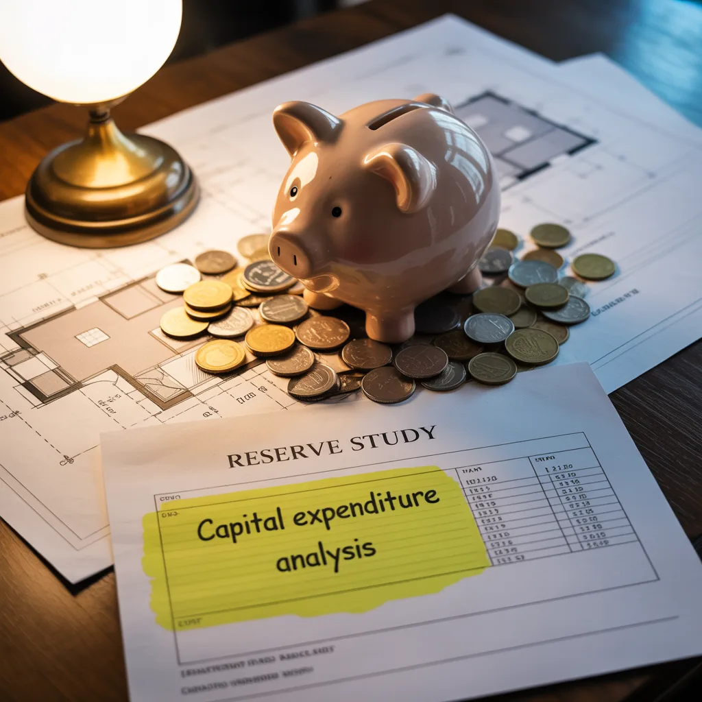 Piggy bank on building blueprints with highlighted reserve study