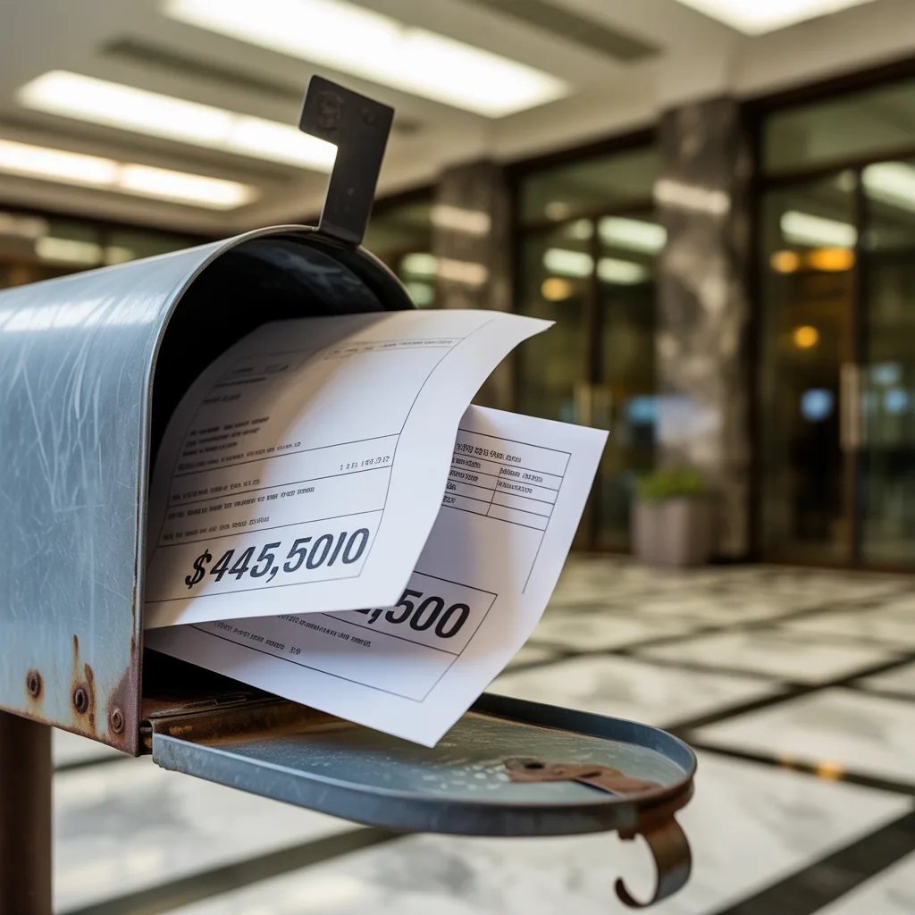 Opened envelope with financial assessment document in condo lobby