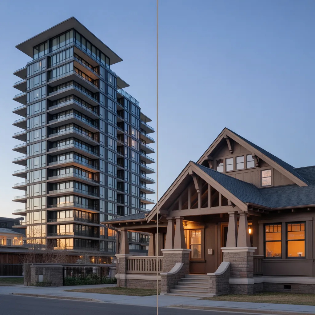 Condo tower and single-family home side by side at dusk