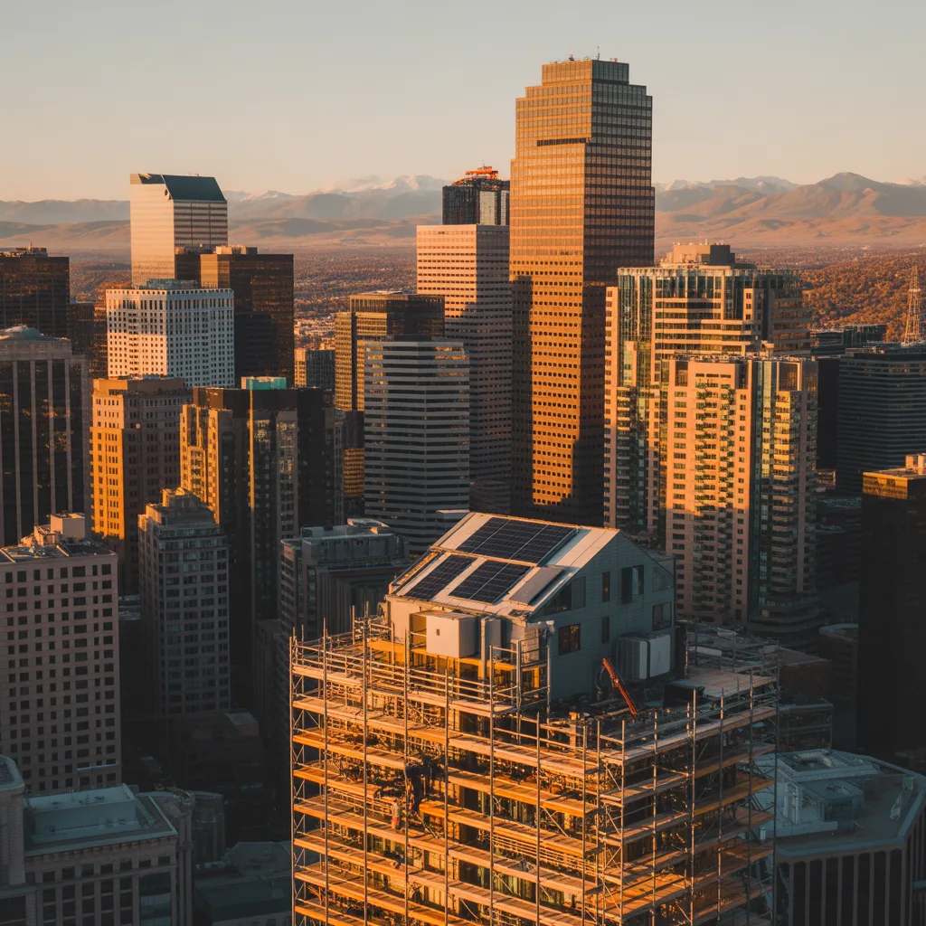 Denver skyline with condo tower wrapped in energy retrofit scaffolding