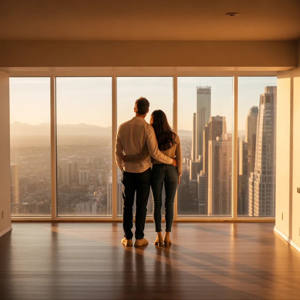 Young couple looking out condo windows at city skyline