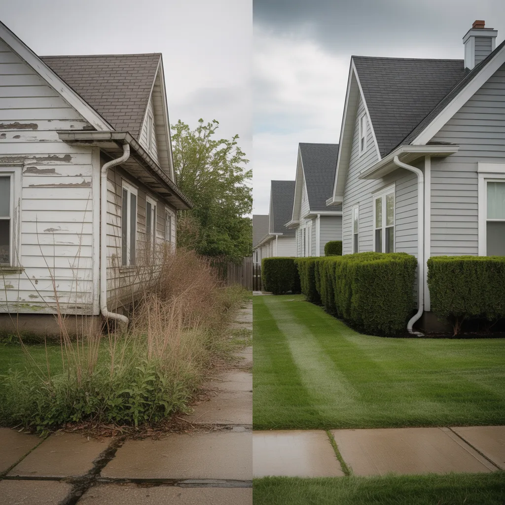 Contrasting maintained and unmaintained single-family homes side by side