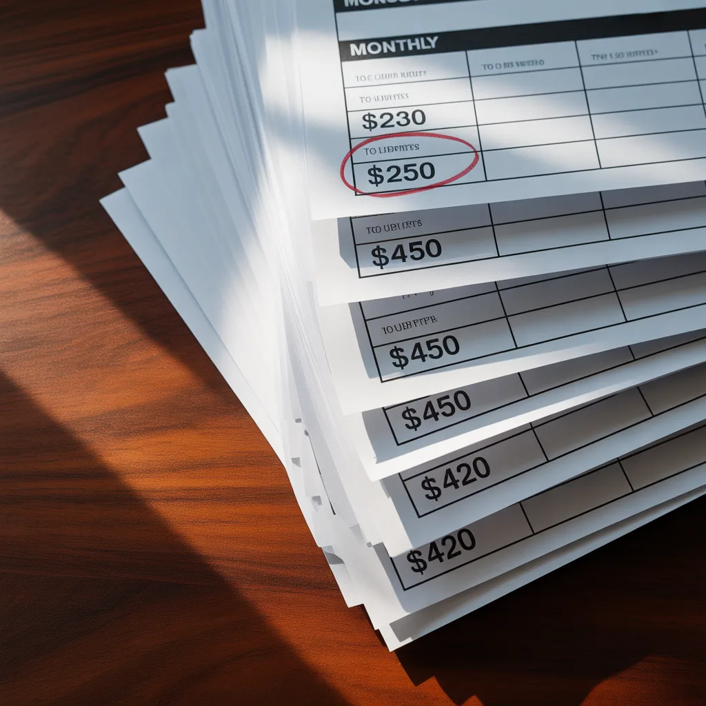 Stack of monthly HOA statements with increasing amounts on dark desk