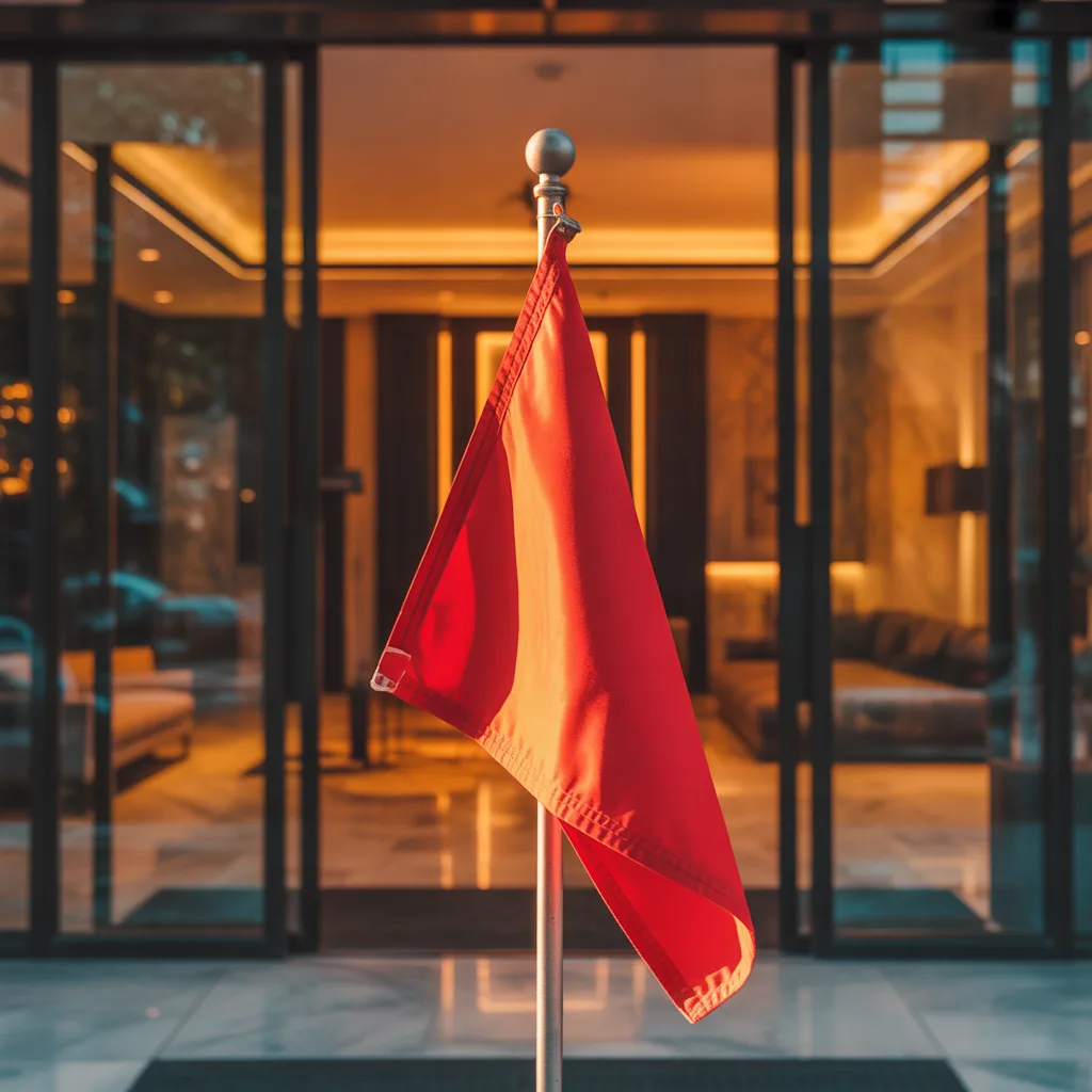 Red warning flag in front of condo building entrance