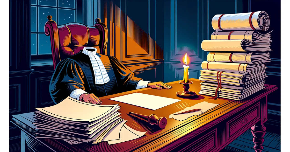 Colonial judge's robe draped over an empty chair beside a candlelit desk buried under sliding stacks of land deeds