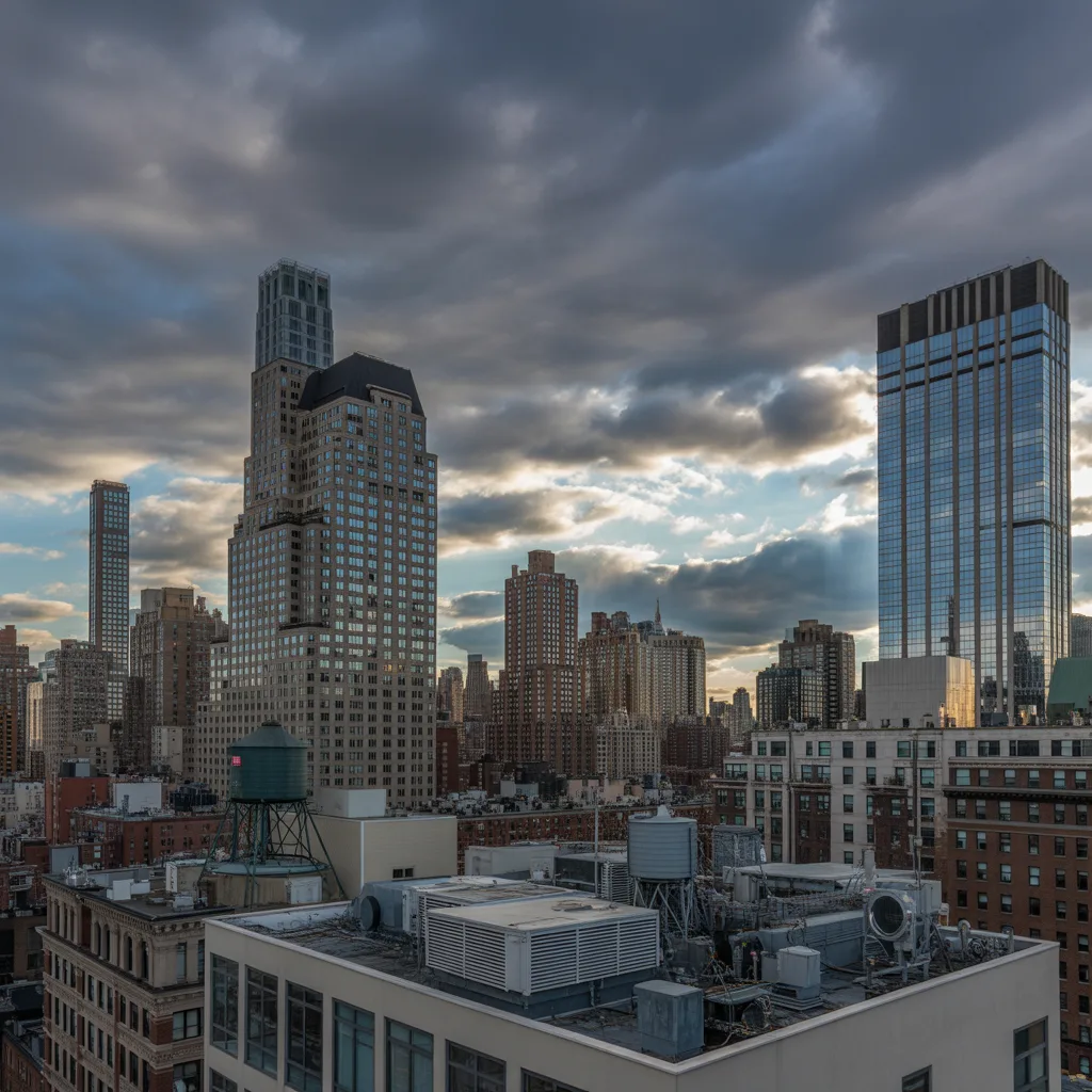 NYC residential high-rise condos with rooftop HVAC under dramatic sky