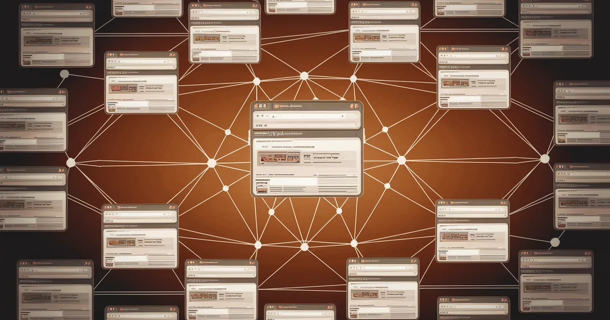 Network map showing interconnected blogs linked through OPML blogroll files creating a web of reciprocal links