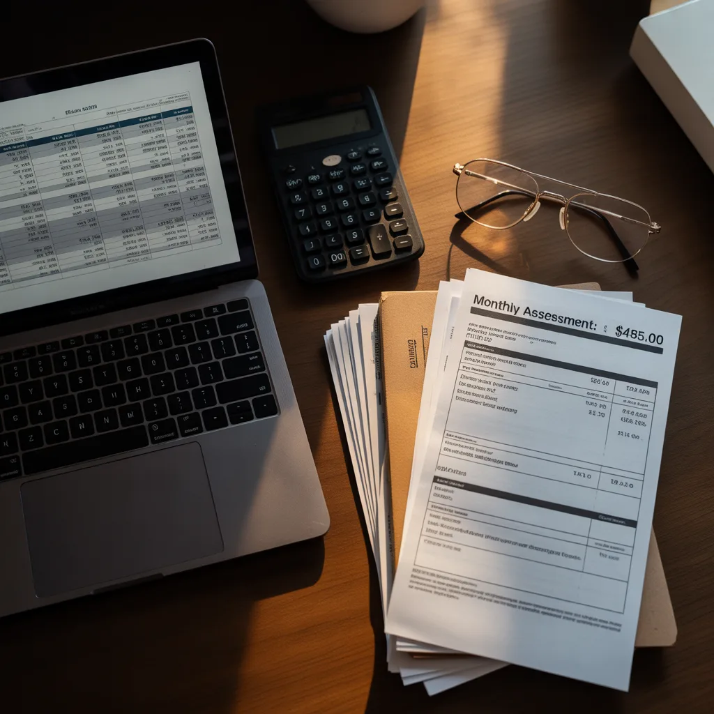 Calculator and bills on desk with HOA statement and reading glasses