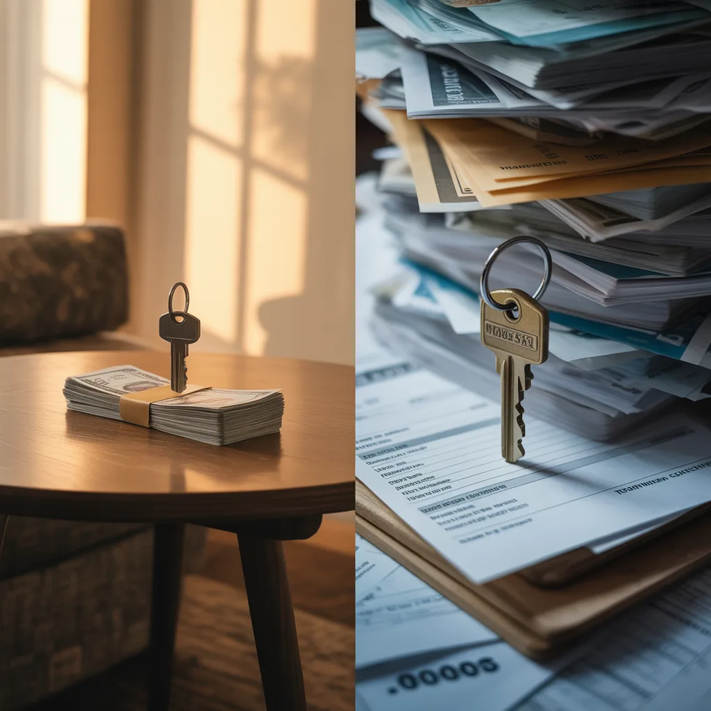 Split comparison of apartment keys with savings versus house key with bills