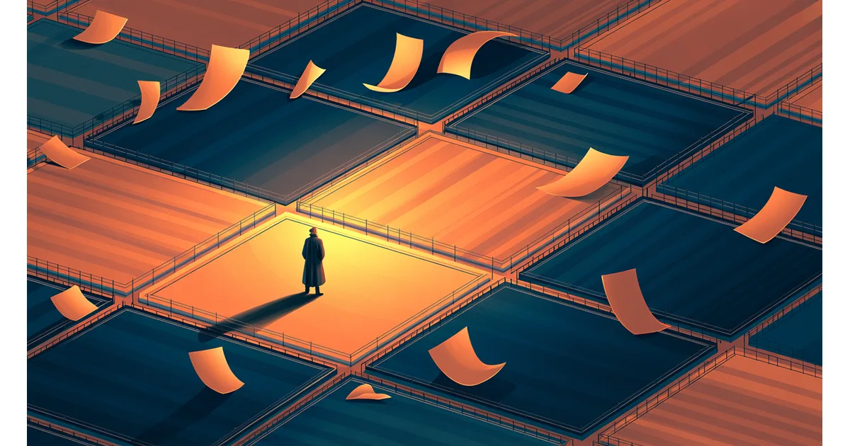 Colonial gentleman standing on a single lit land parcel while a vast surveyed grid dissolves into shadow at dusk