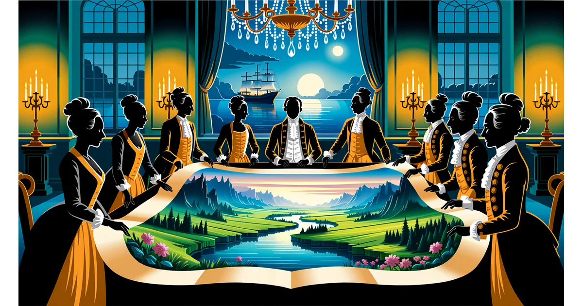 Elegant colonial-era figures in a candlelit Paris salon studying a glowing map of forested river land that dissolves into dark wilderness at its edges
