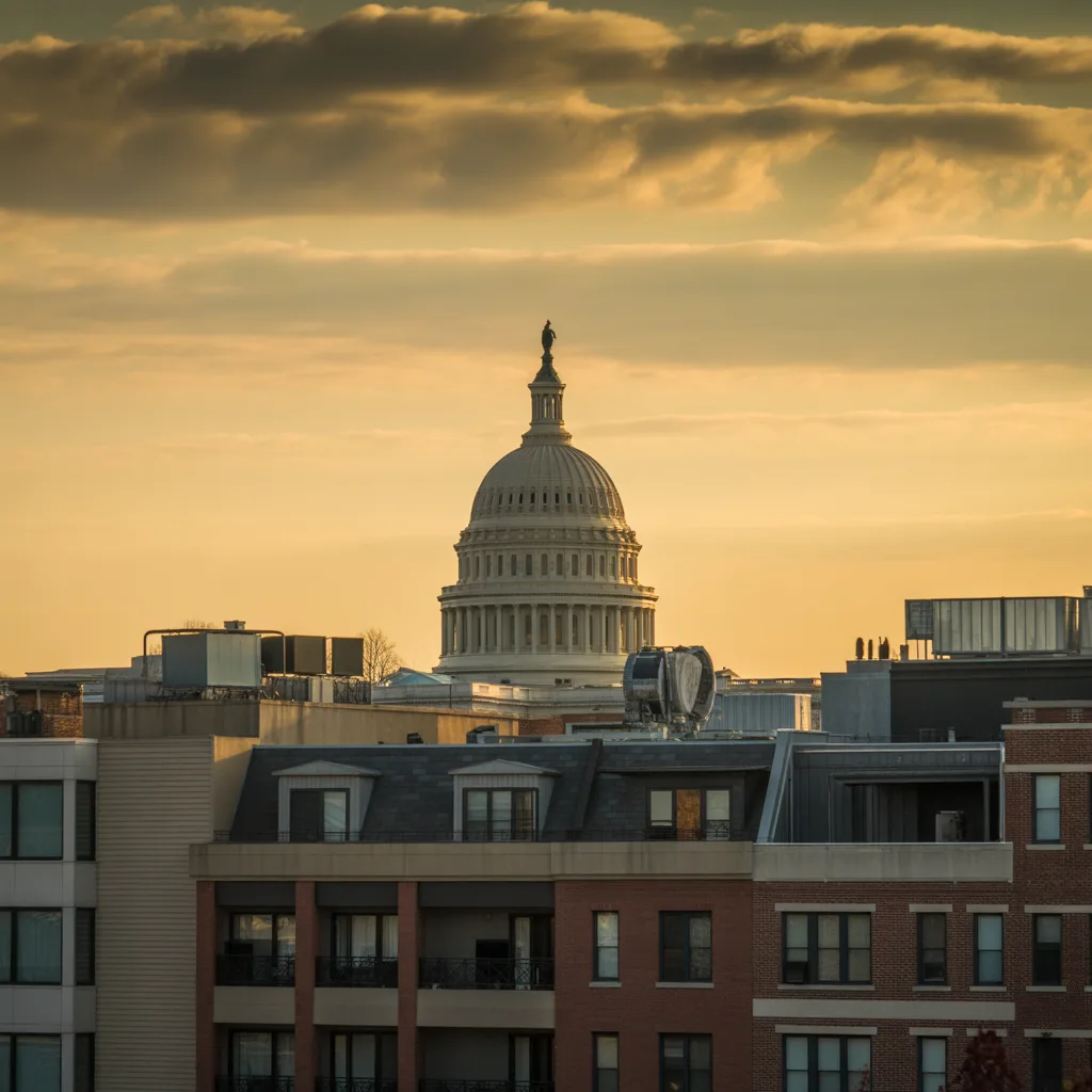 Washington DC Capitol behind residential condo buildings at golden hour