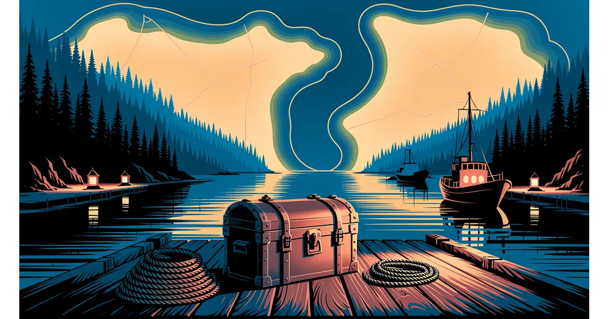 Closed strongbox and coiled rope on a harbor dock at dusk beneath two glowing surveyed land tracts on the horizon of a forested coastline