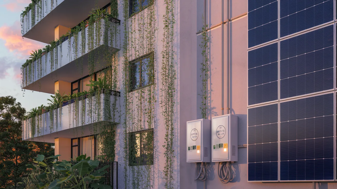 Condo building with solar panels and energy meters