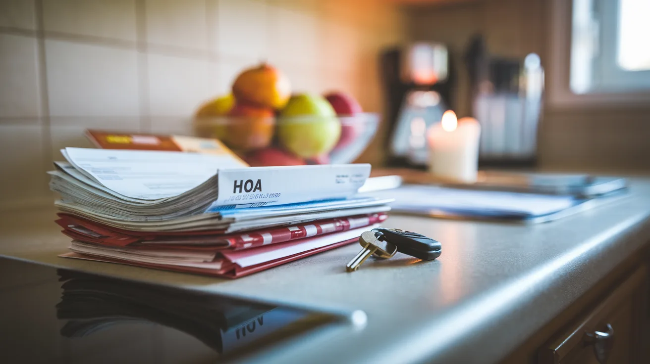 HOA bills and financial documents next to house keys