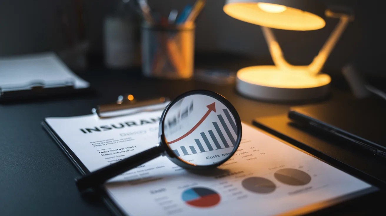 Insurance policy with magnifying glass showing rising costs