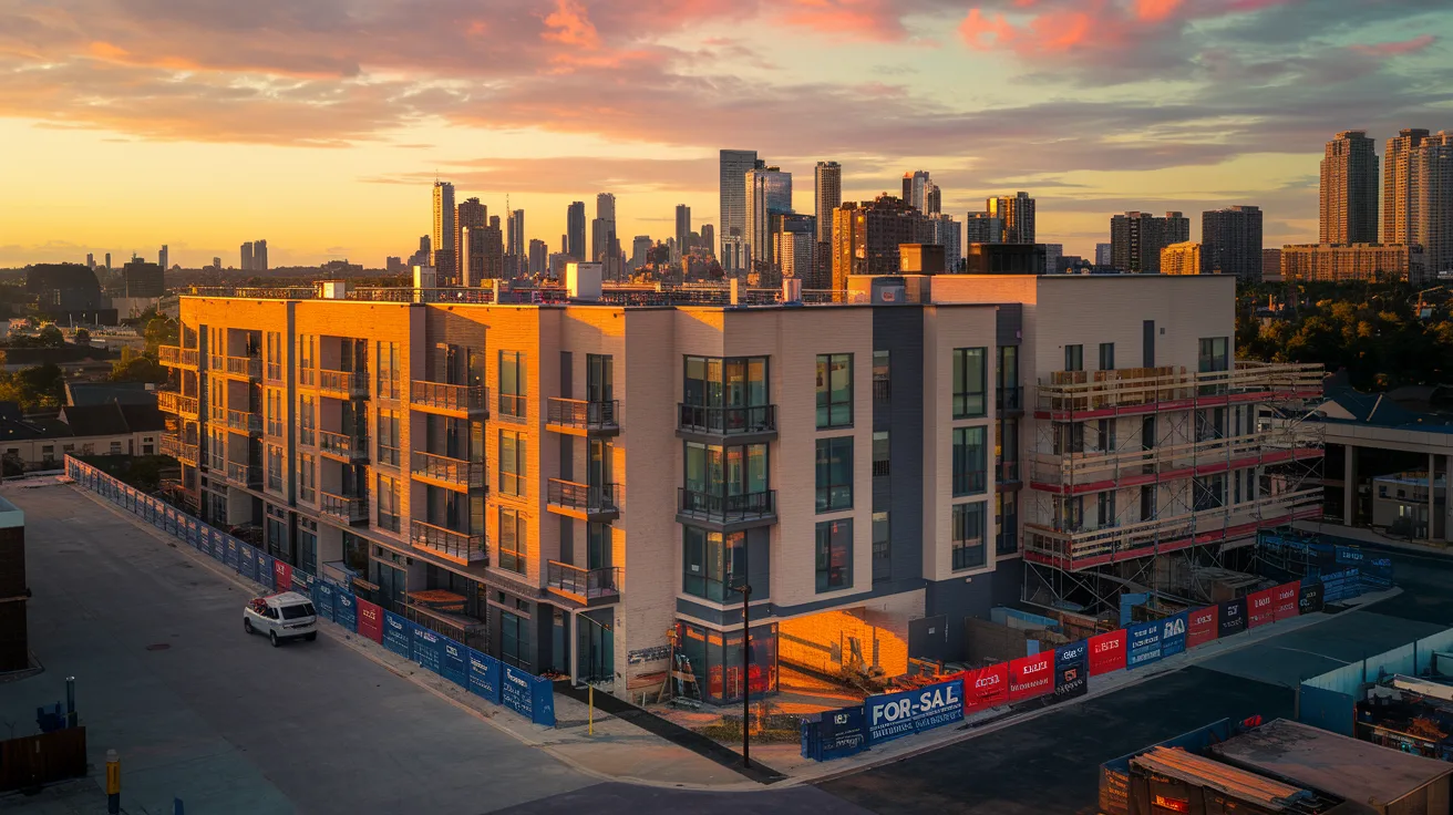 Aerial view of a modern condo complex at sunset